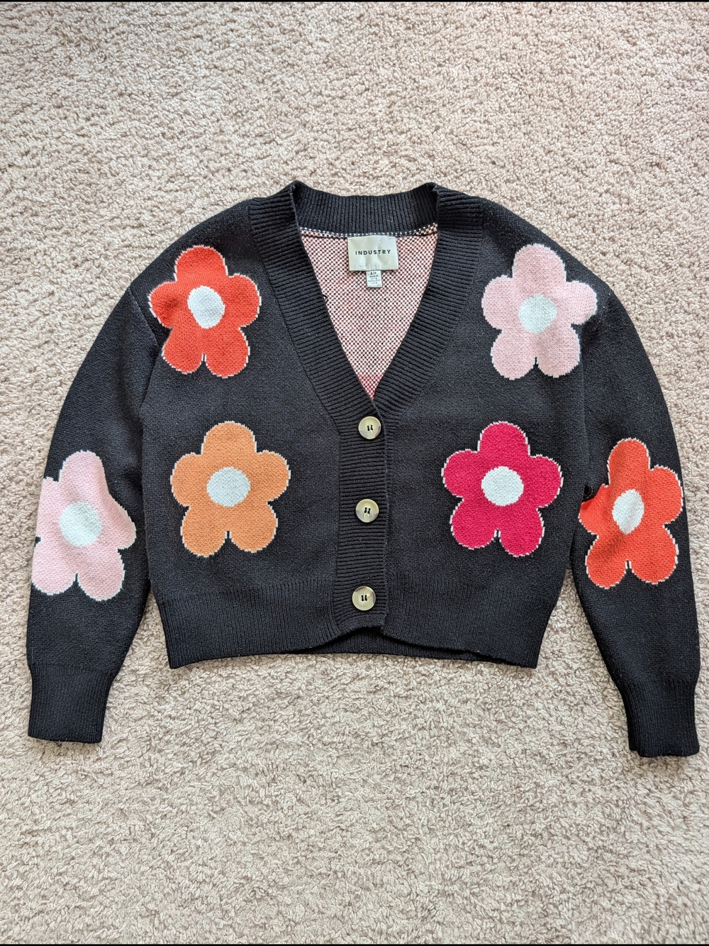 Industry Womens Black Pink Floral V-Neck Daisy Button Cardigan Sweater Small - Picture 3 of 10